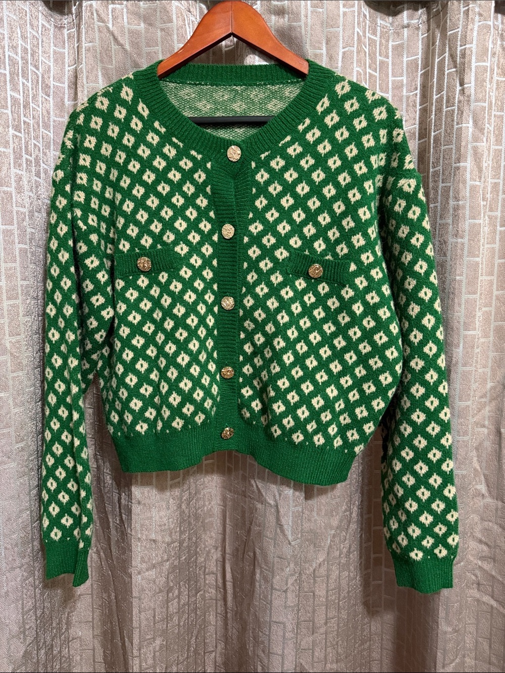 Vintage inspired Green and Tan Patterned Women's Cardigan Sweater